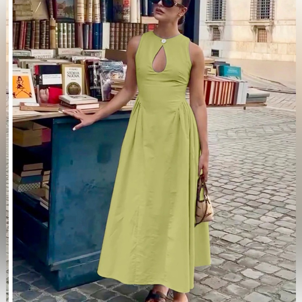 Pleated Cutout Linen Dress